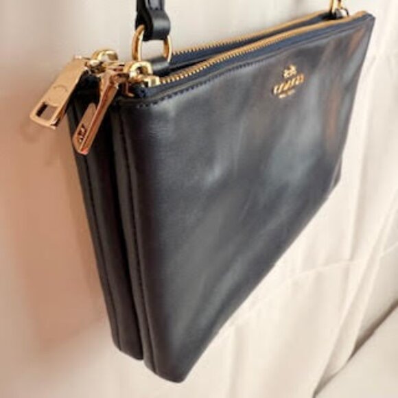 Coach Leather Crossbody Double Zip Bag Navy Blue with Gold Hardware - Picture 5 of 10